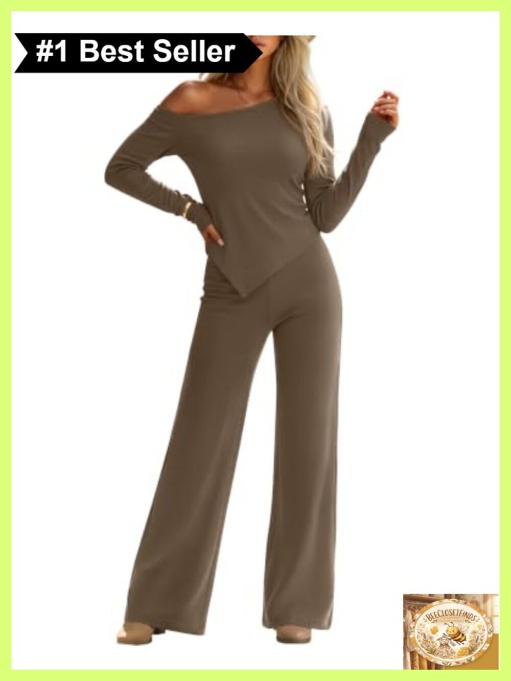 Off Shoulder 2 Piece Lounge Set Long Sleeve Top Wide Leg Pants